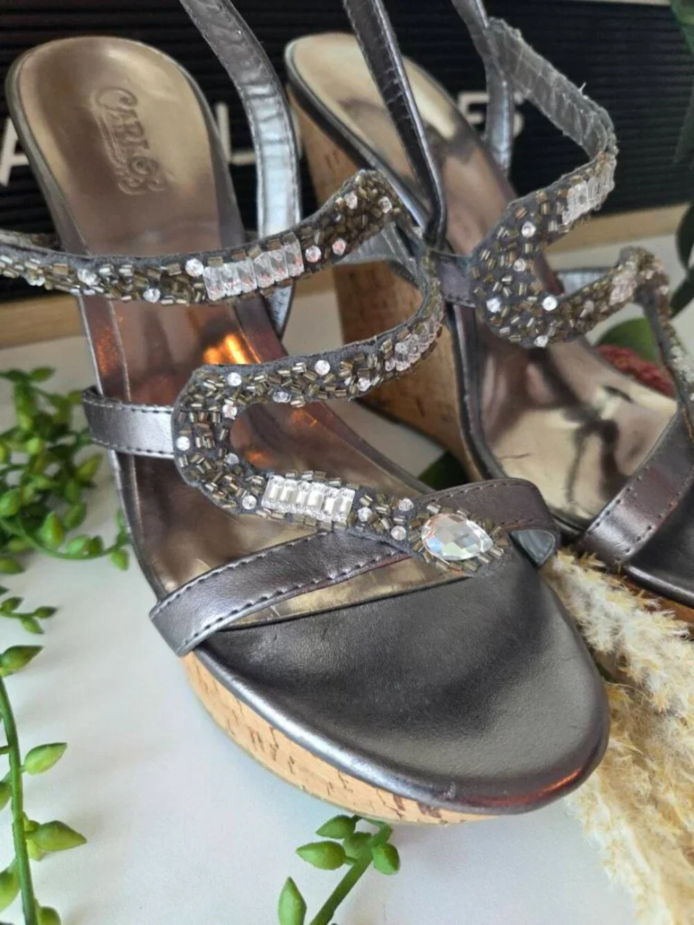 Carlos by Carlos Santana I Olympia Silver Rhinestone Wedge Sandals Sz 8 W/Box